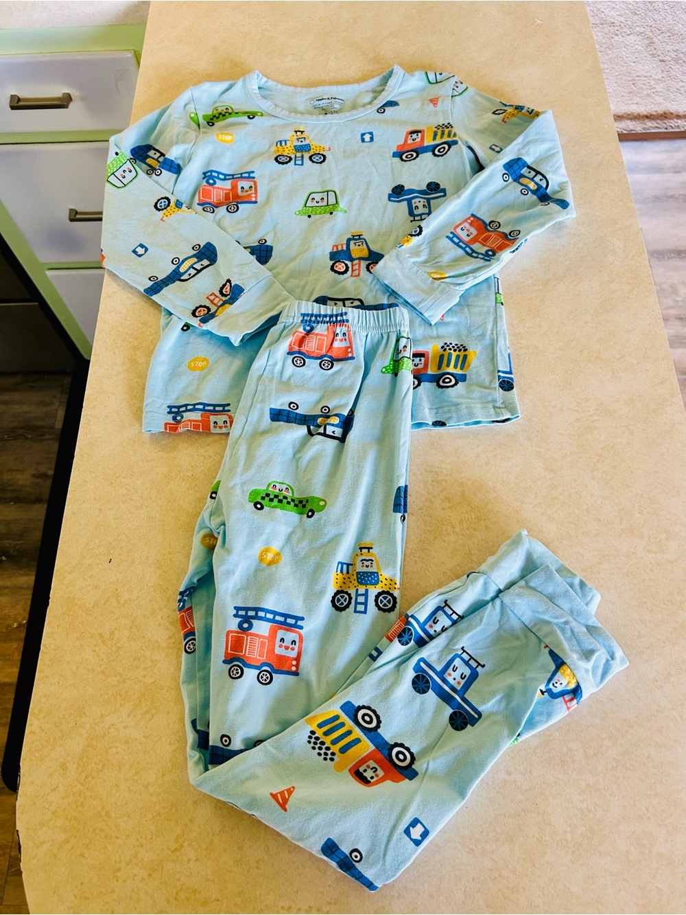 Boys size 8-9 Light Blue Kids Pajama Set with Cute Vehicle Print